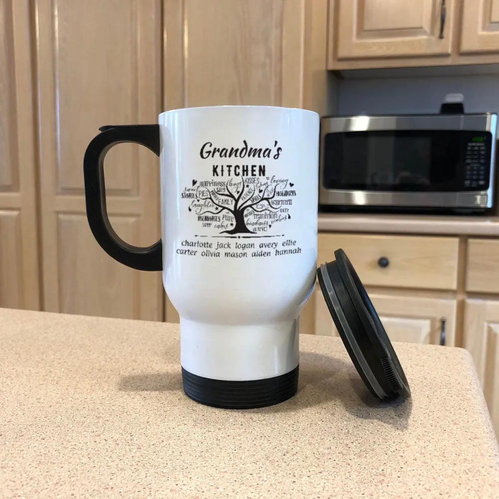 Grandma's Kitchen White Metal Coffee Tea Travel Mug.