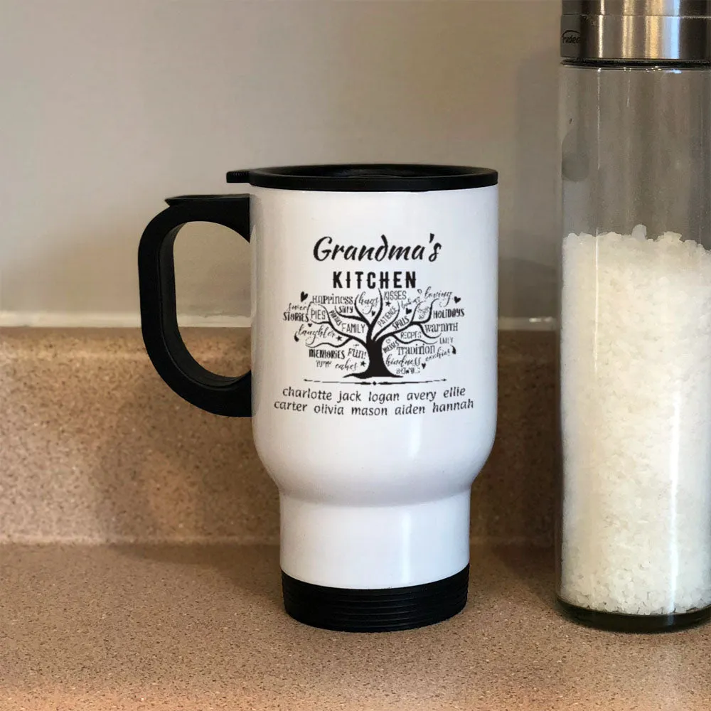 Grandma's Kitchen White Metal Coffee Tea Travel Mug.