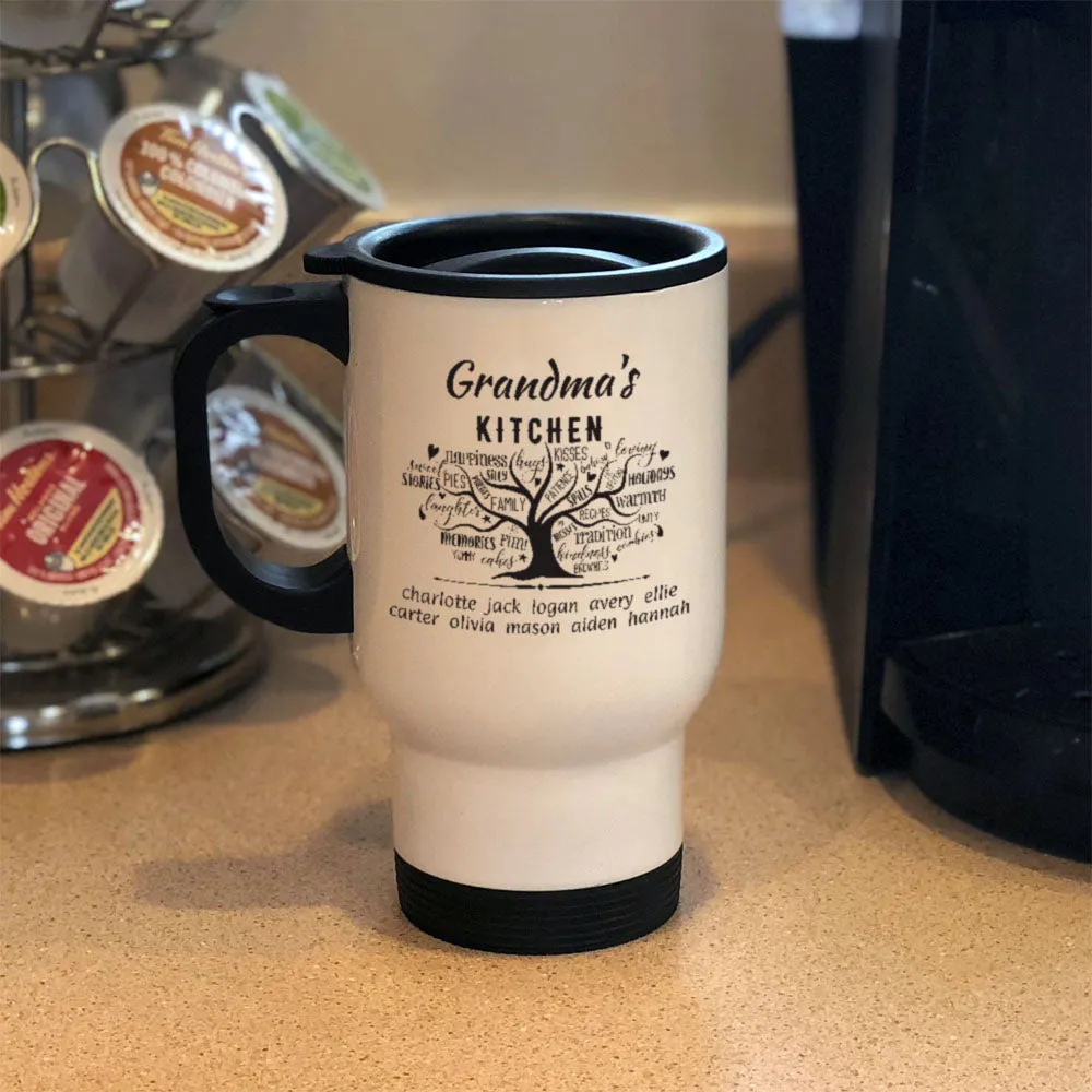 Grandma's Kitchen White Metal Coffee Tea Travel Mug.