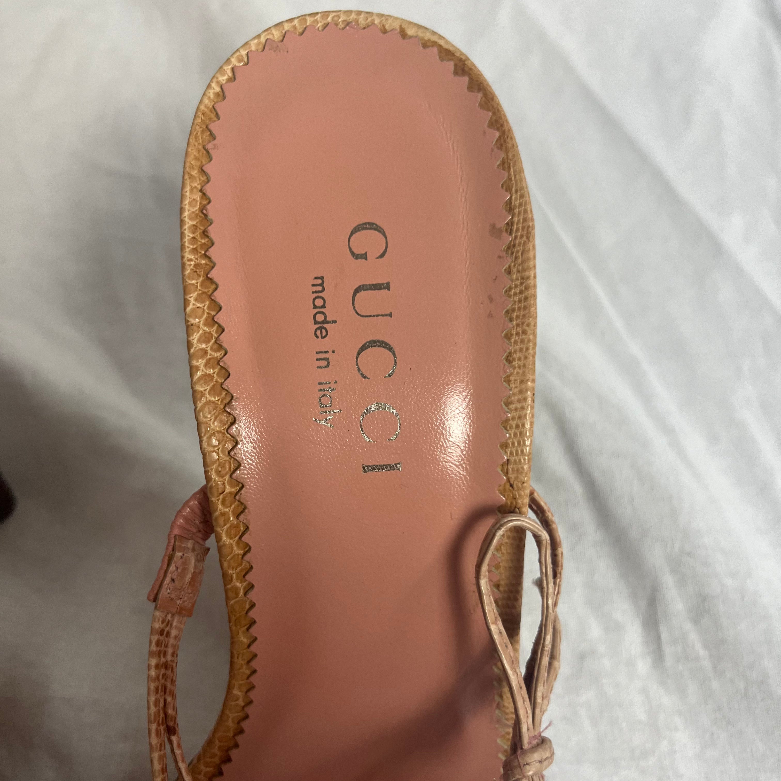 Gucci python skinny strap sandals in nude, size 37.