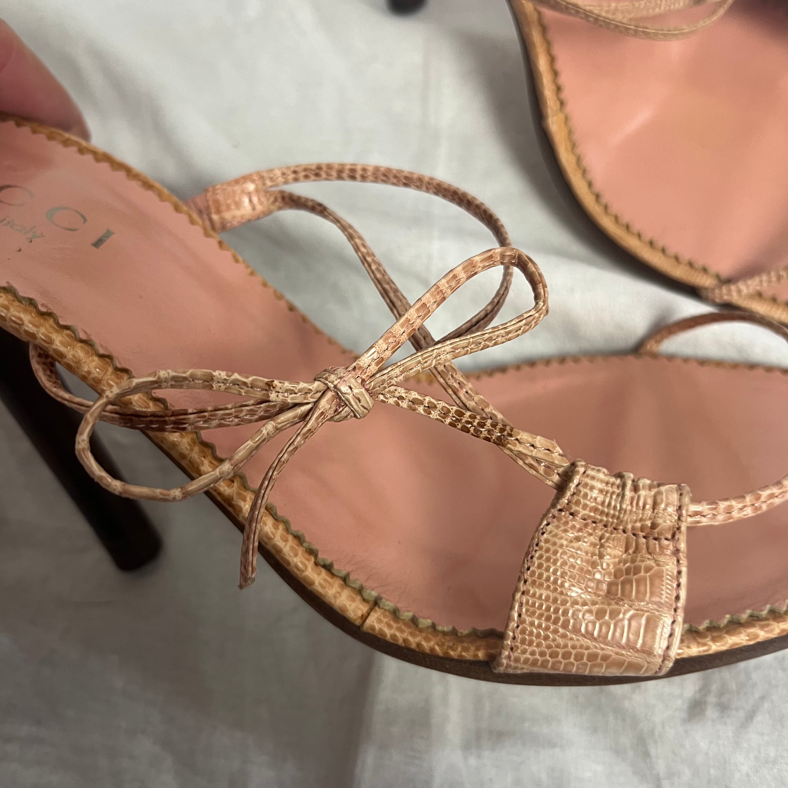 Gucci python skinny strap sandals in nude, size 37.