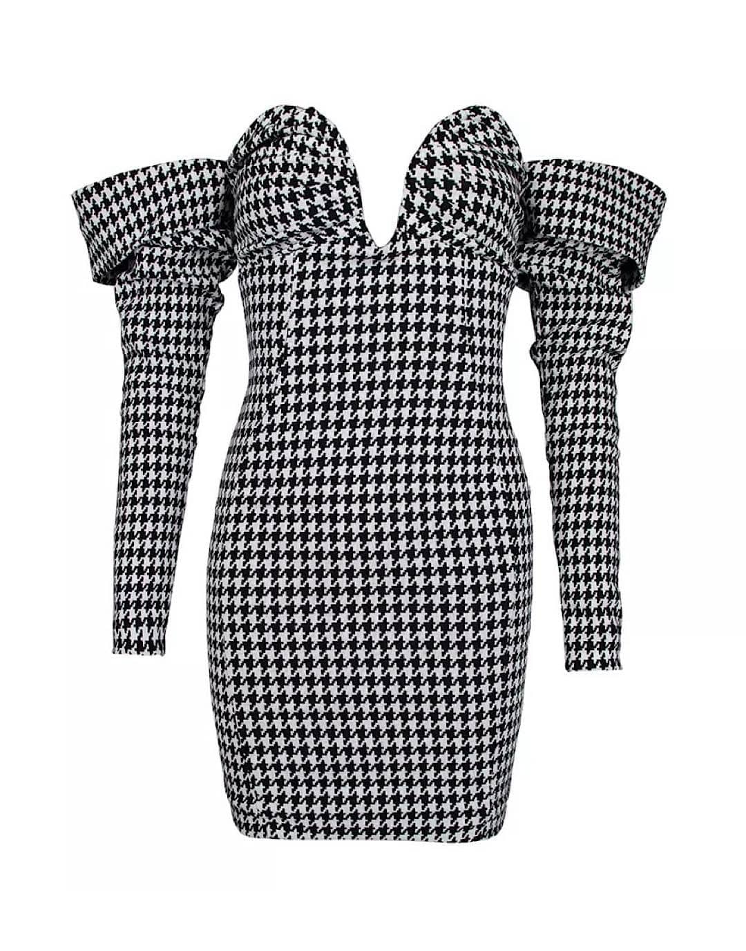 Houndstooth Mini Dress with Ruched Sleeves