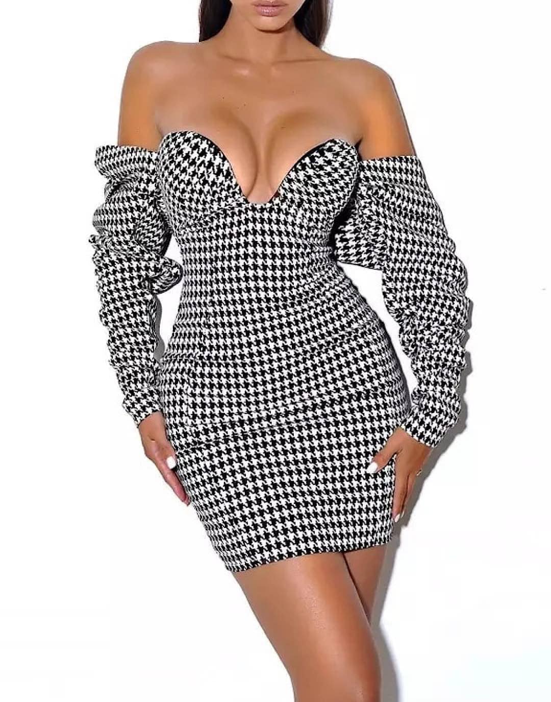 Houndstooth Mini Dress with Ruched Sleeves