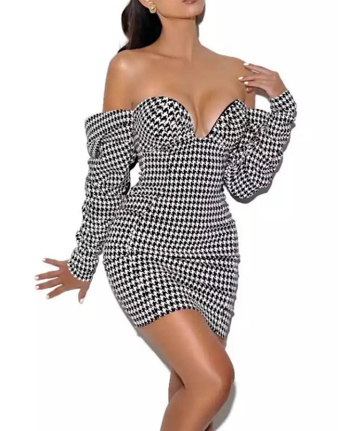 Houndstooth Mini Dress with Ruched Sleeves