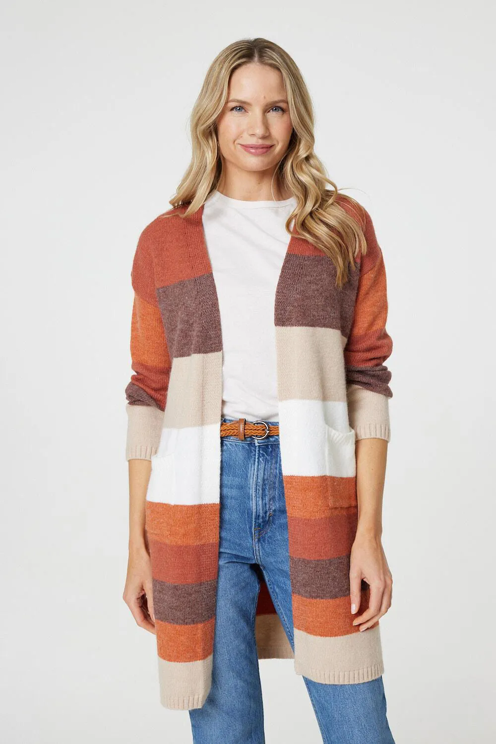 Izabel London Striped Longline Cardigan with Front Pockets