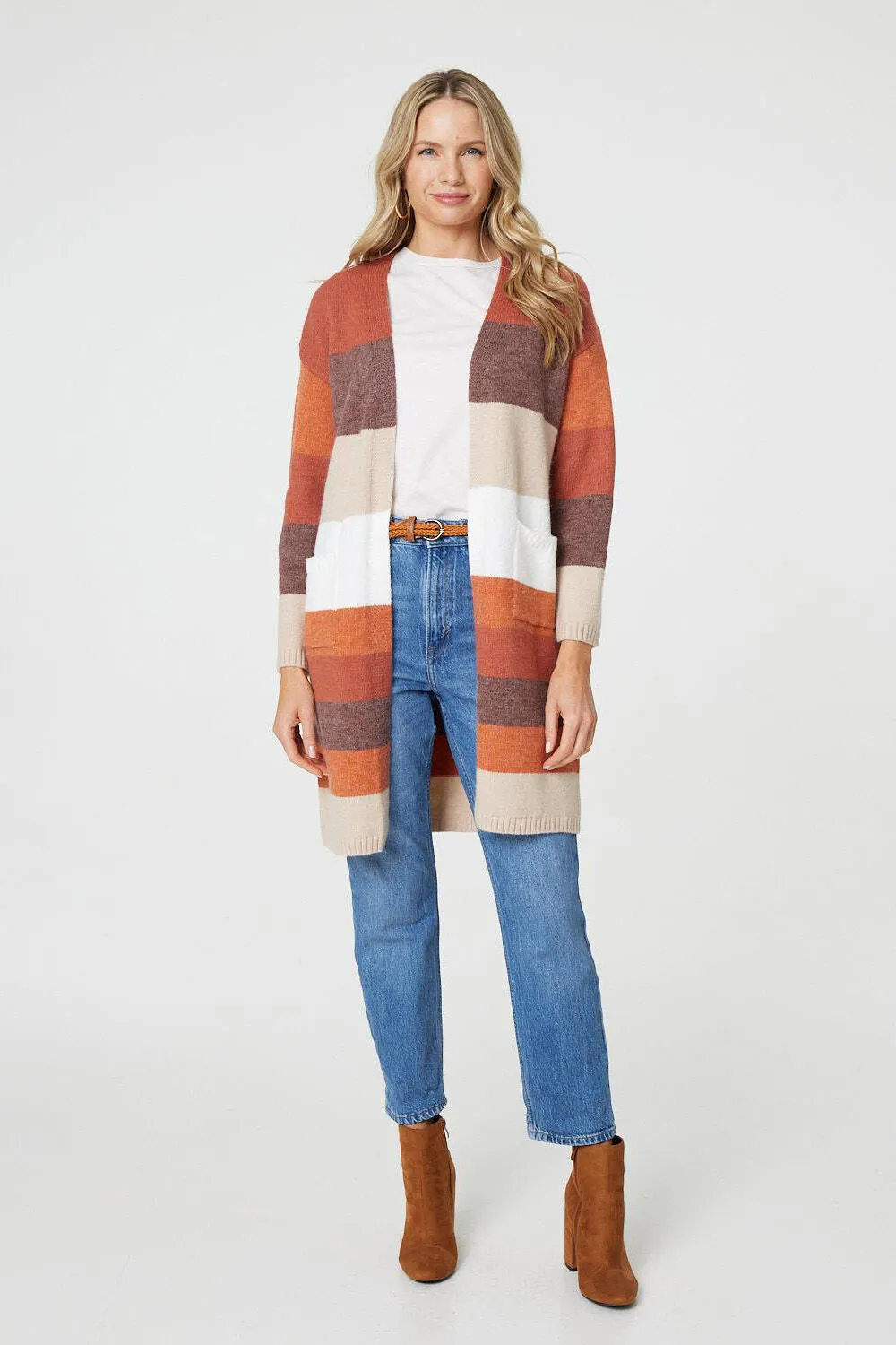 Izabel London Striped Longline Cardigan with Front Pockets