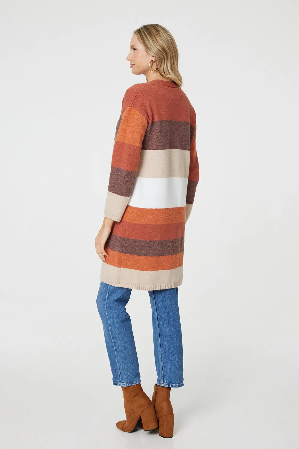 Izabel London Striped Longline Cardigan with Front Pockets