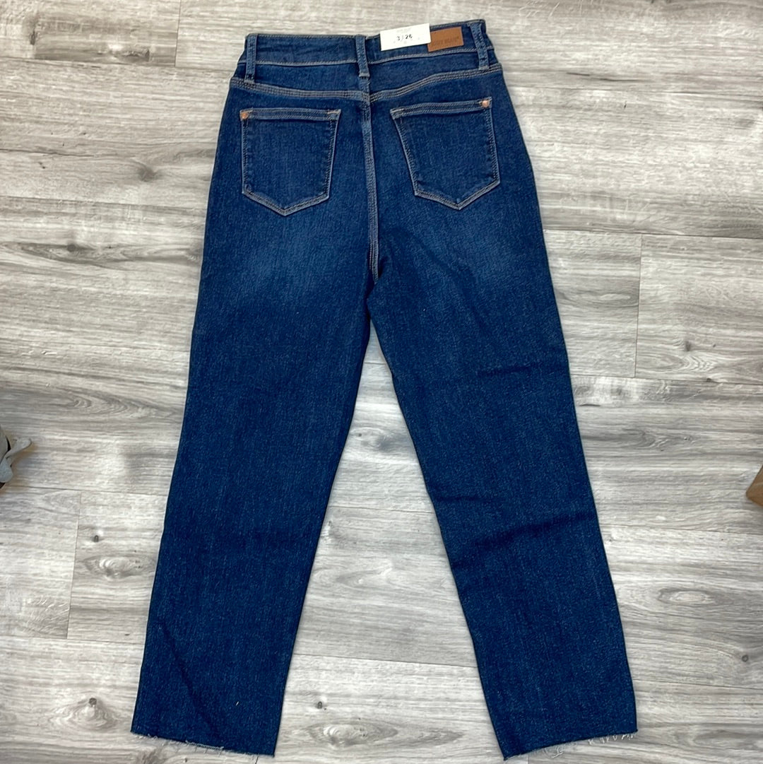 Judy Blue high-waisted cropped straight fit jeans with slit.