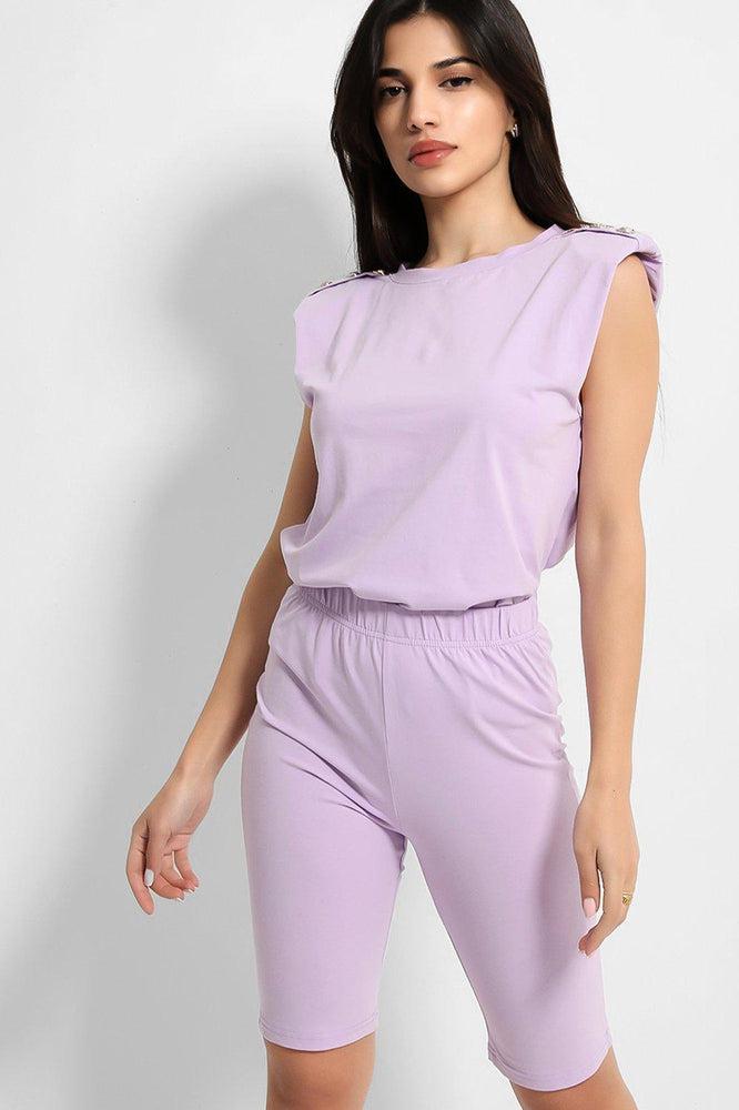 Lilac Power Shoulder Top and Cycling Shorts Set