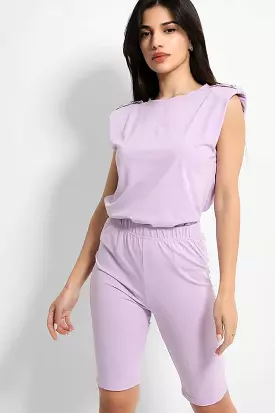 Lilac Power Shoulder Top and Cycling Shorts Set