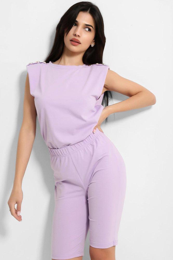 Lilac Power Shoulder Top and Cycling Shorts Set