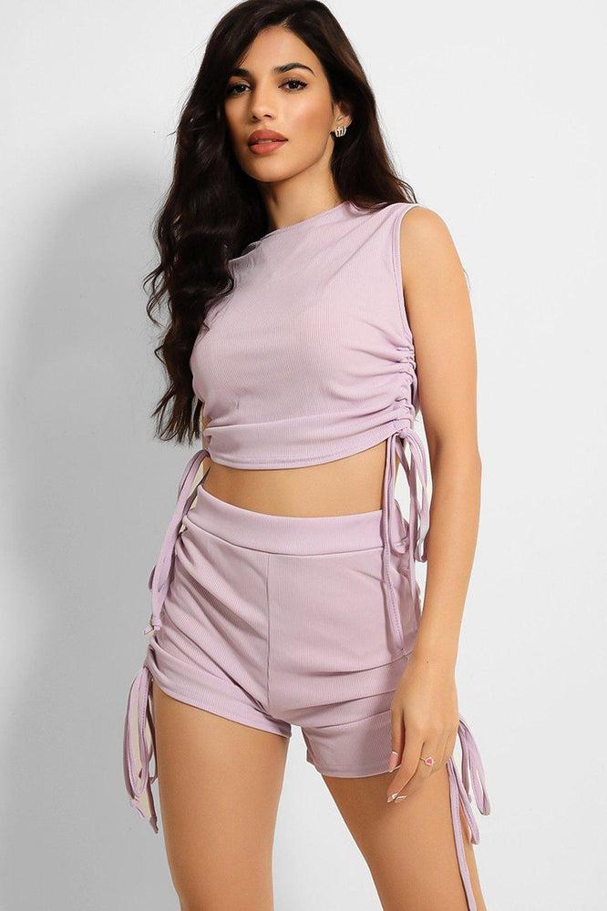 Lilac Ribbed Tie-Sleeve Top and Shorts Set