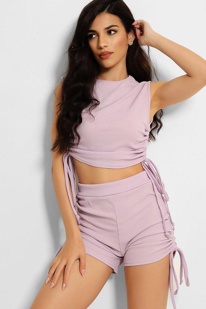 Lilac Ribbed Tie-Sleeve Top and Shorts Set