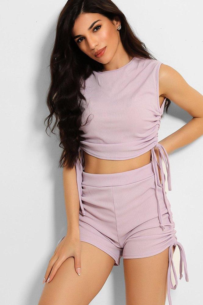 Lilac Ribbed Tie-Sleeve Top and Shorts Set