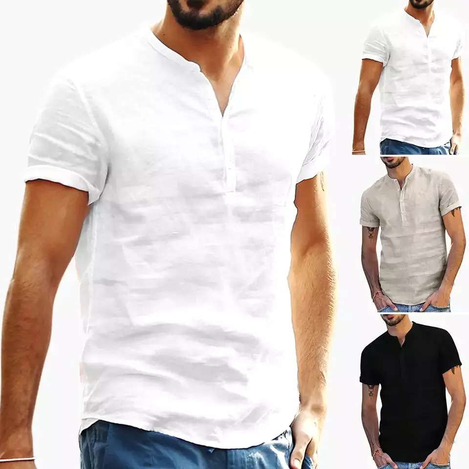 Linen shirt men summer white short sleeve stand collar casual fashion tops