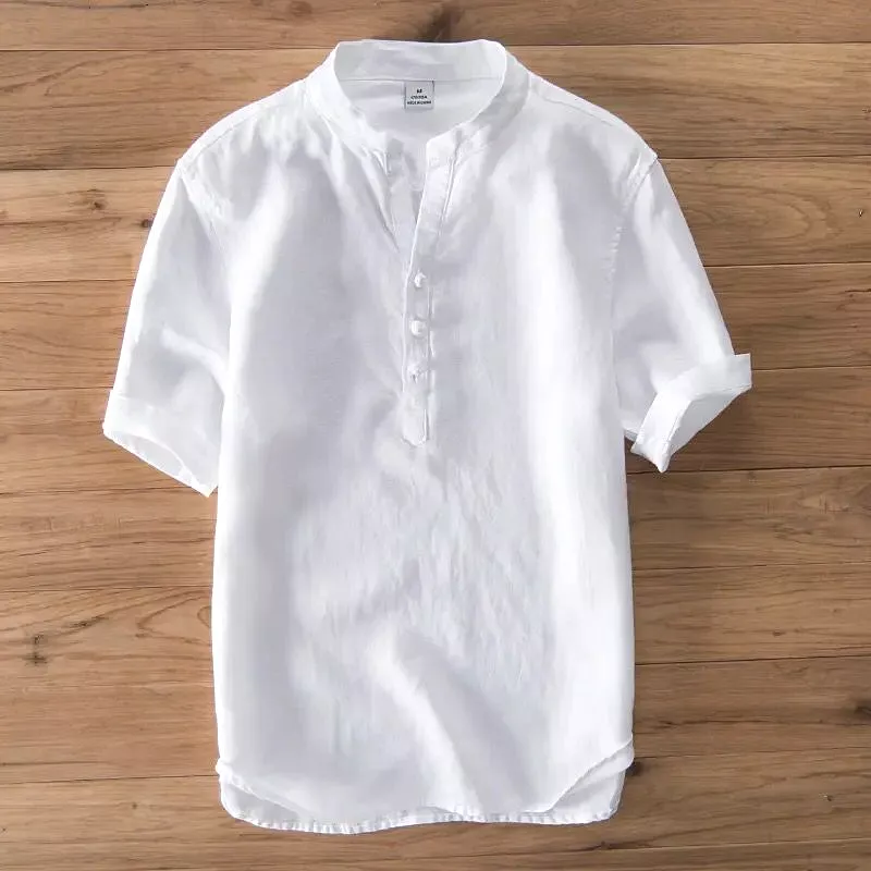 Linen shirt men summer white short sleeve stand collar casual fashion tops