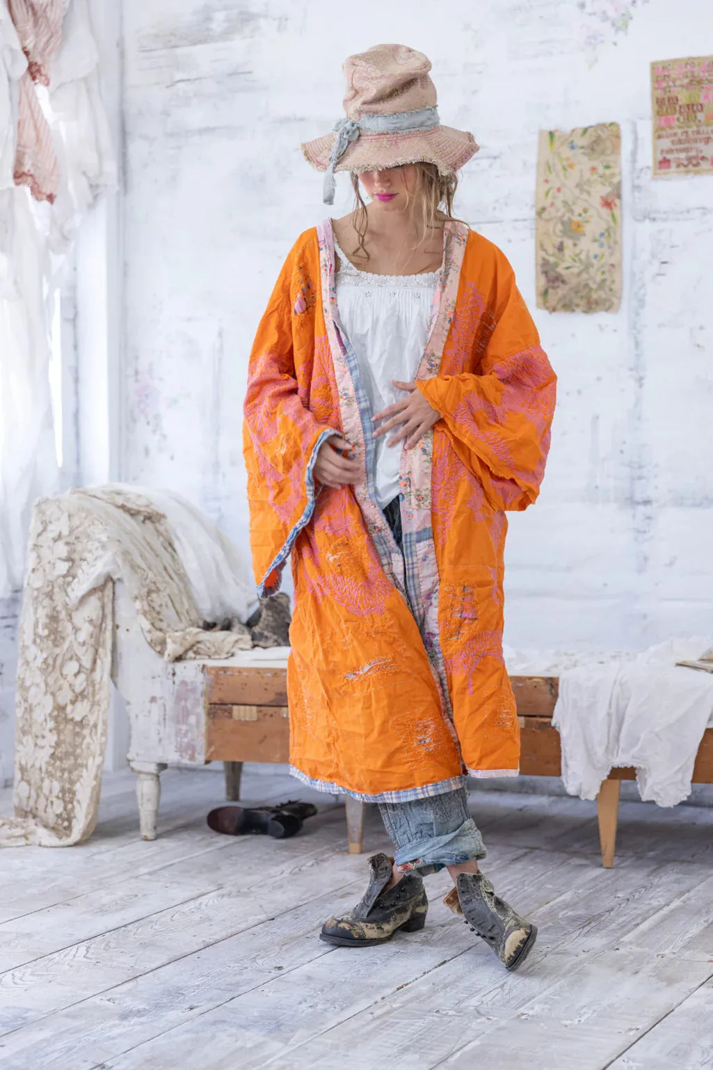 Magnolia Pearl Dharma Dragon Kimono with Embroidery: Shop Now