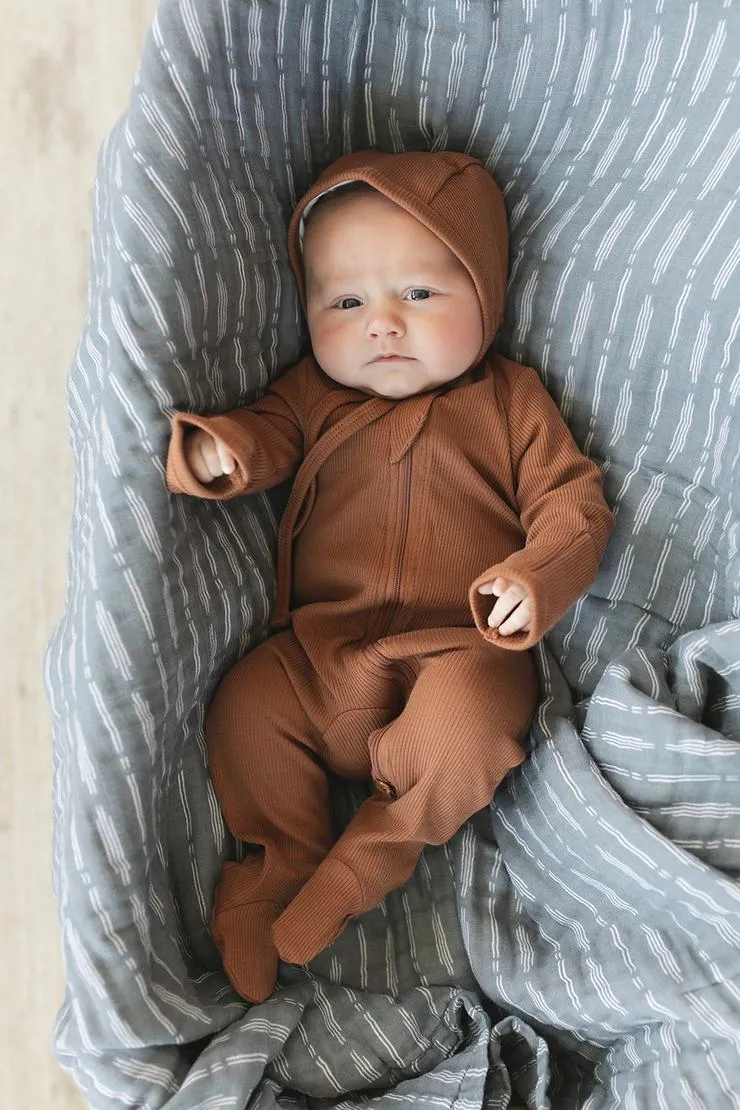 MEBIE Baby Rust Ribbed Footed Zipper Organic Cotton One-Piece