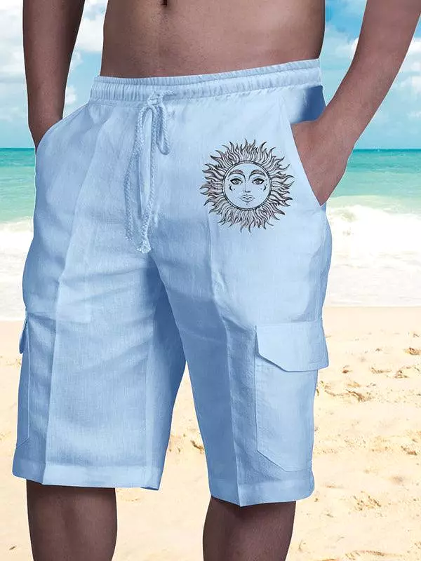 Men's Linen Cargo Shorts with Sunny Face