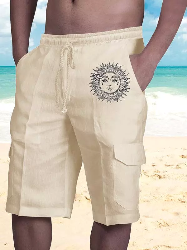 Men's Linen Cargo Shorts with Sunny Face