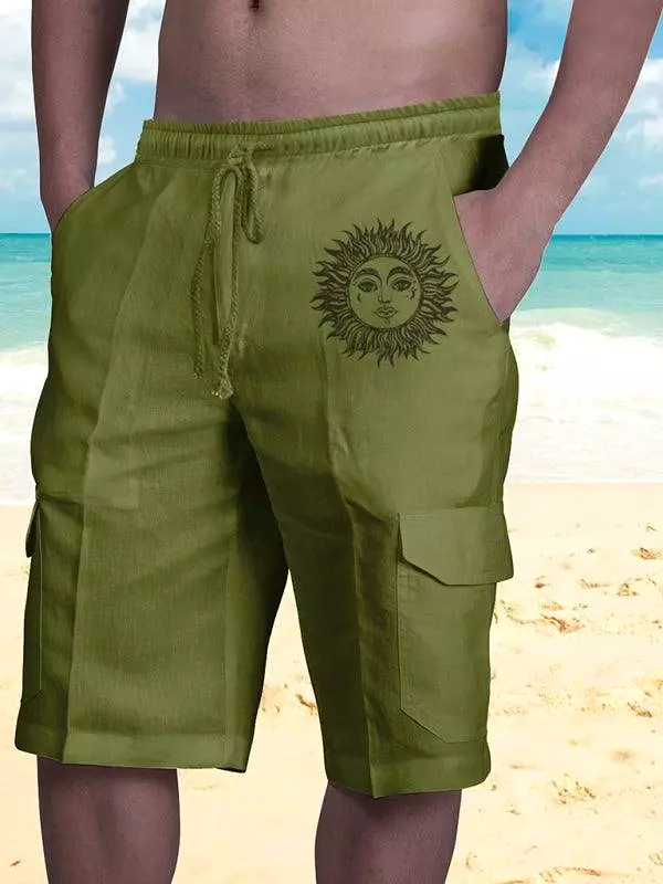 Men's Linen Cargo Shorts with Sunny Face