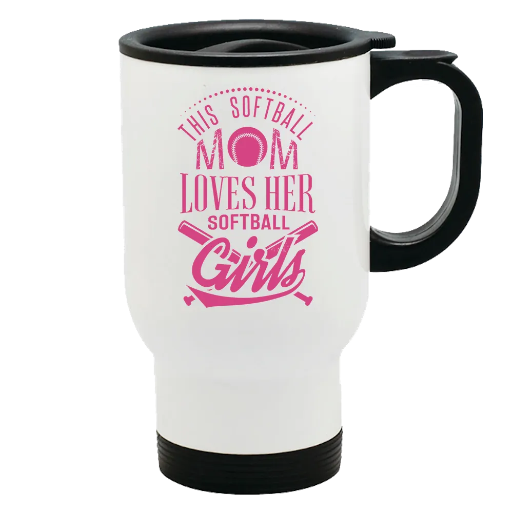 Metal coffee and tea travel mug for softball moms.