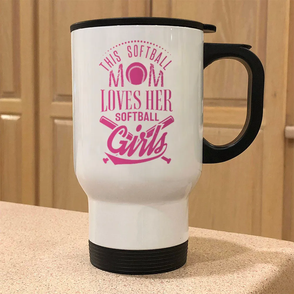 Metal coffee and tea travel mug for softball moms.