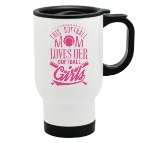 Metal coffee and tea travel mug for softball moms.