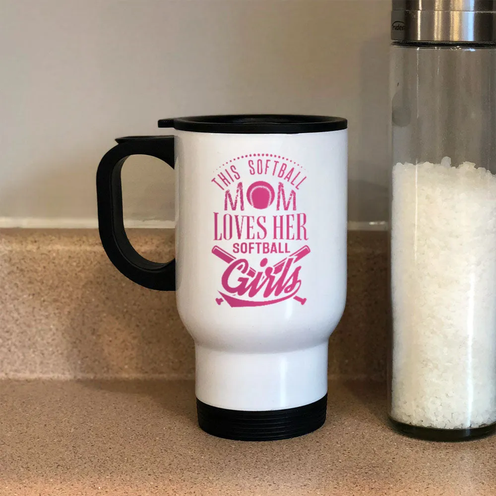 Metal coffee and tea travel mug for softball moms.