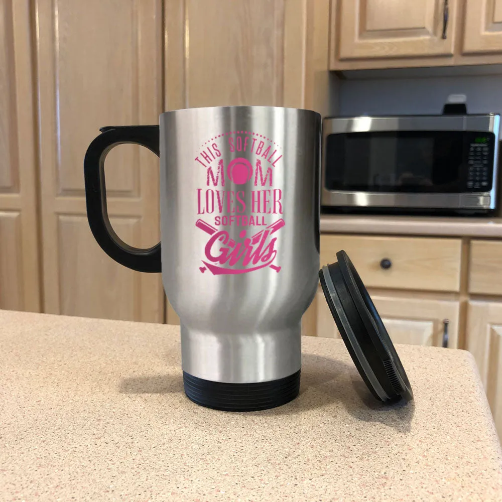 Metal coffee and tea travel mug for softball moms.