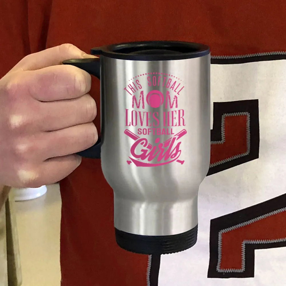 Metal coffee and tea travel mug for softball moms.