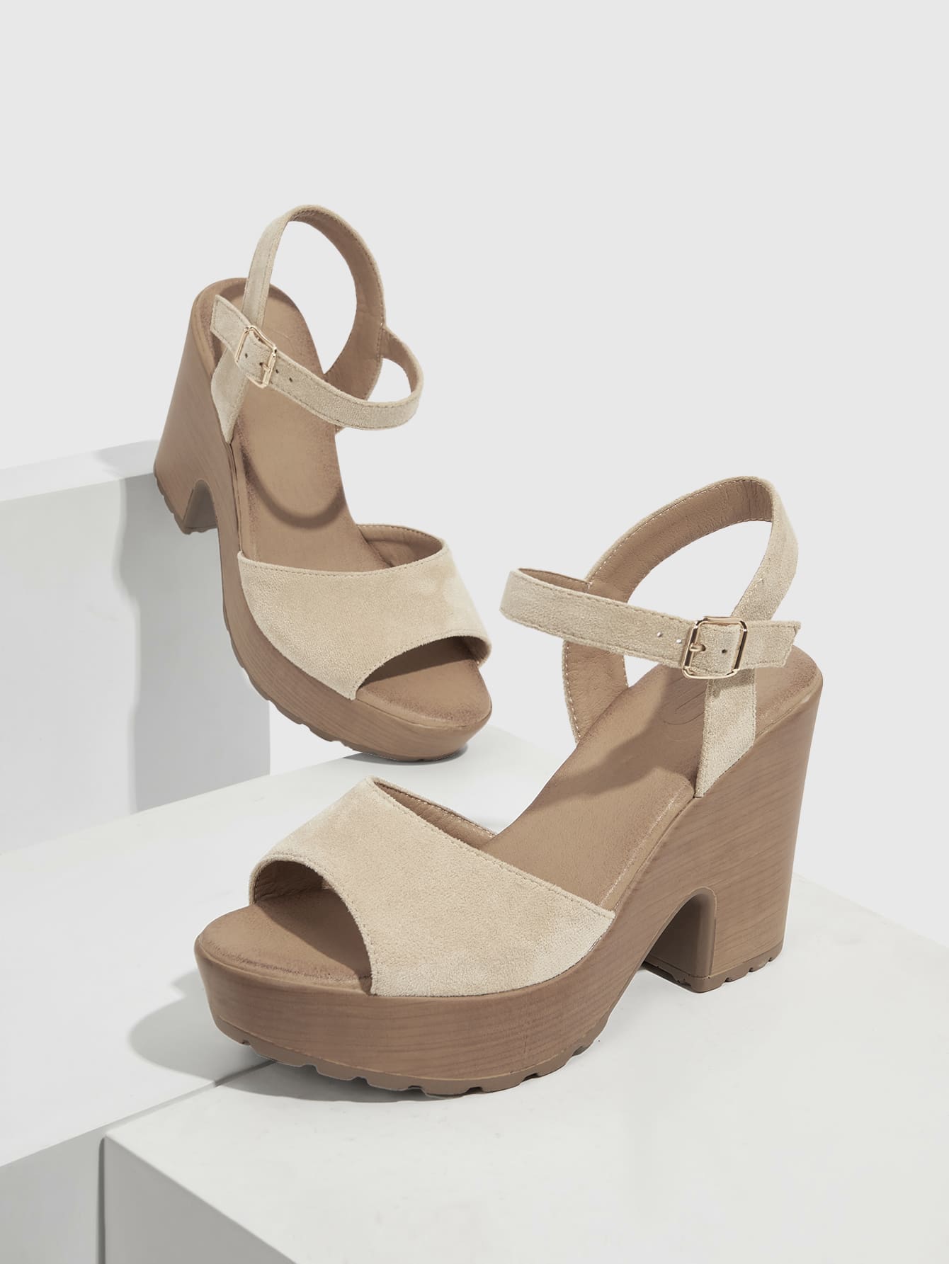 Neutral Wedge Heeled Beige Ankle Strap Sandals for Spring and Summer