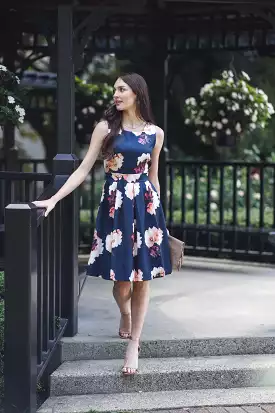 Papillon Navy/Floral Dress - PD16541: Navy and Floral Print Dress by Papillon - PD16541