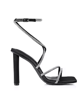 Pia Block Heel Sandals - Black Satin Glitter