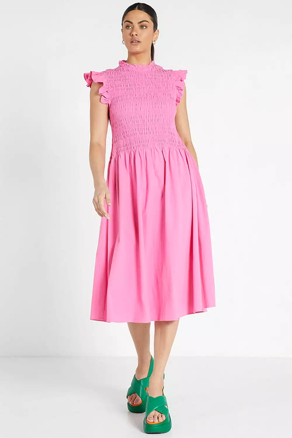 Pink Midi Dress with Shirring