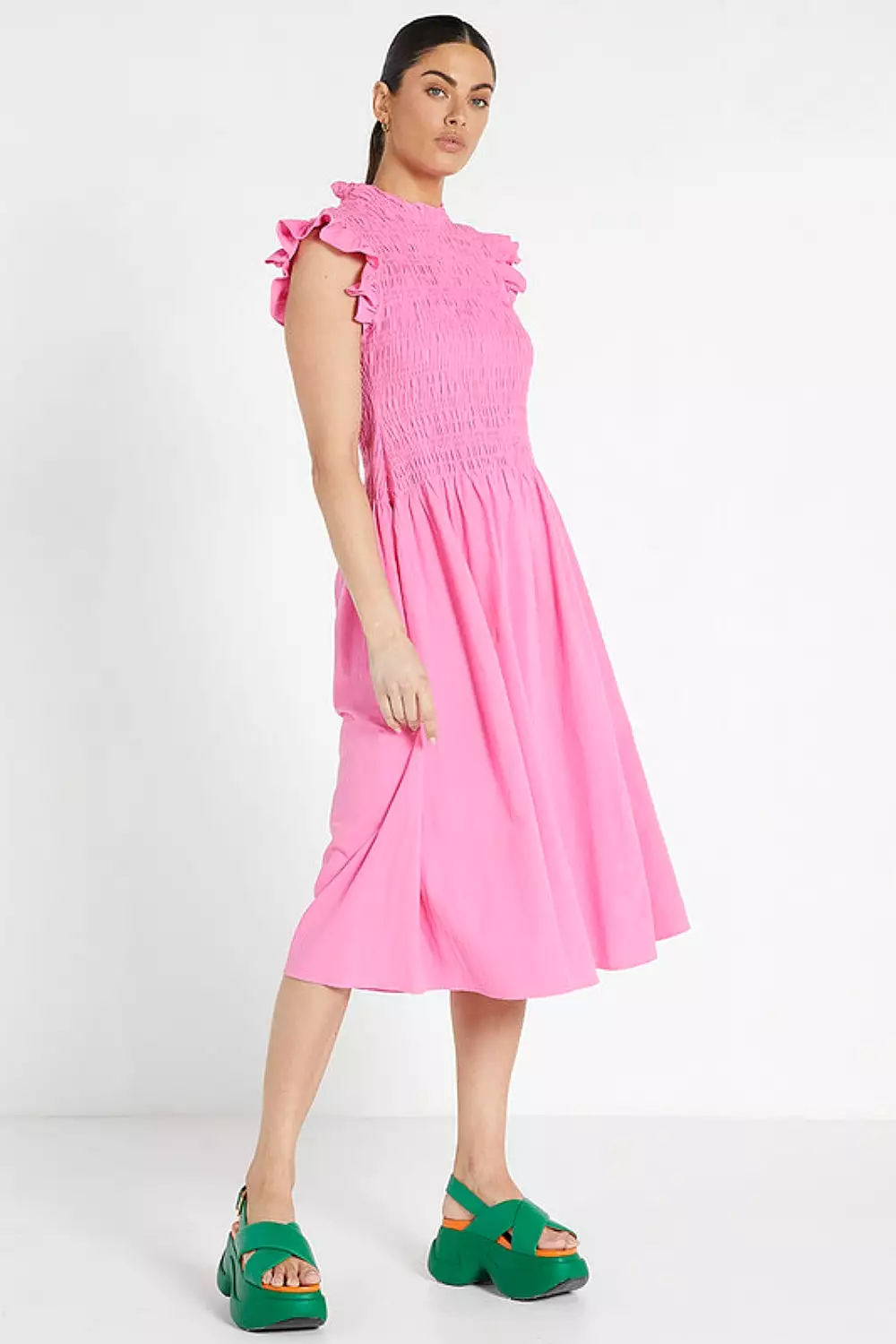 Pink Midi Dress with Shirring