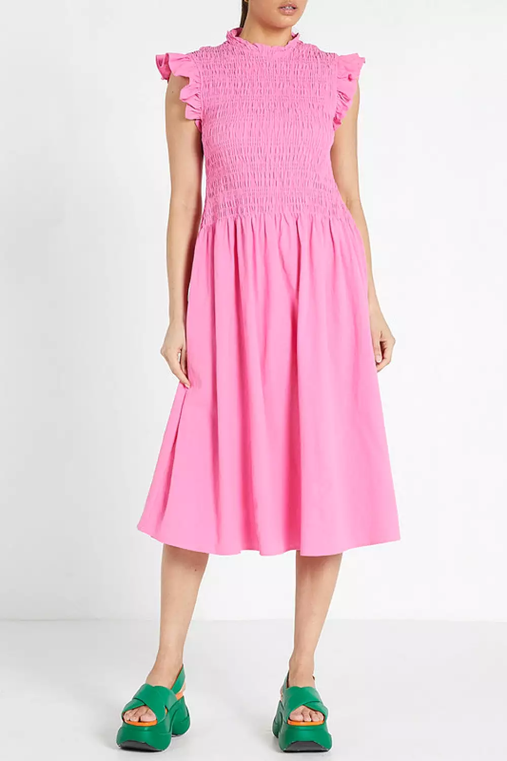 Pink Midi Dress with Shirring