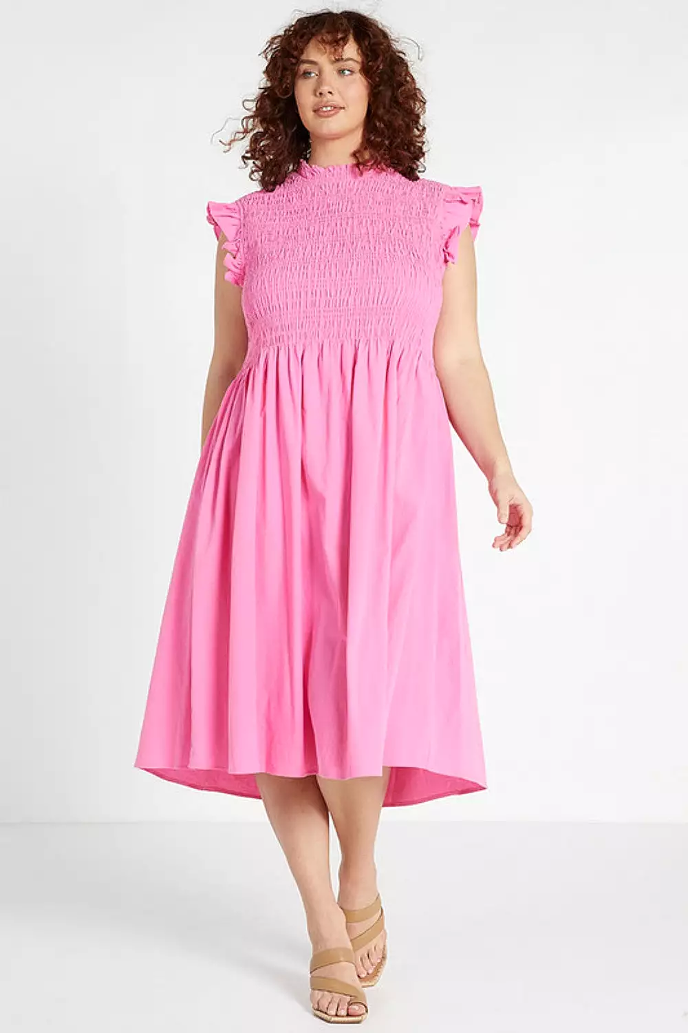 Pink Midi Dress with Shirring