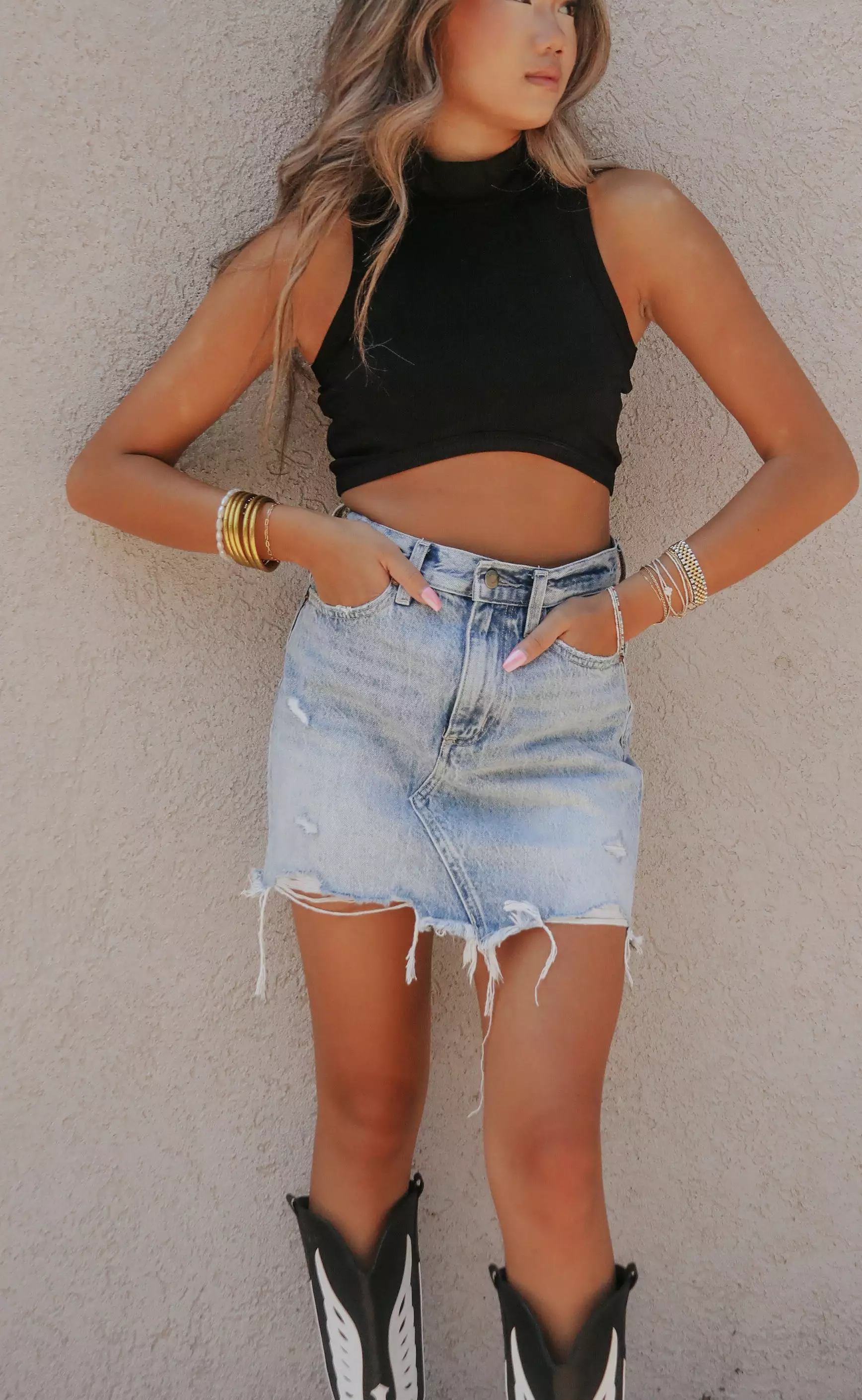 pistol: denim mini skirt