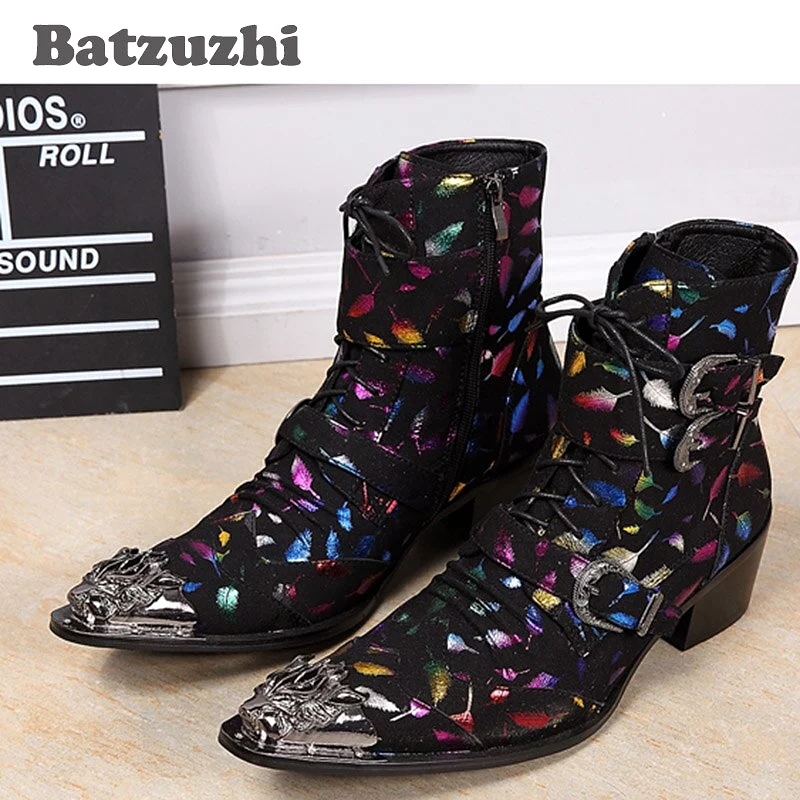 Pointed Iron Toe Mid-Calf Western Men's Motorcycle Boots - Punk Rock Style, Perfect for Parties.