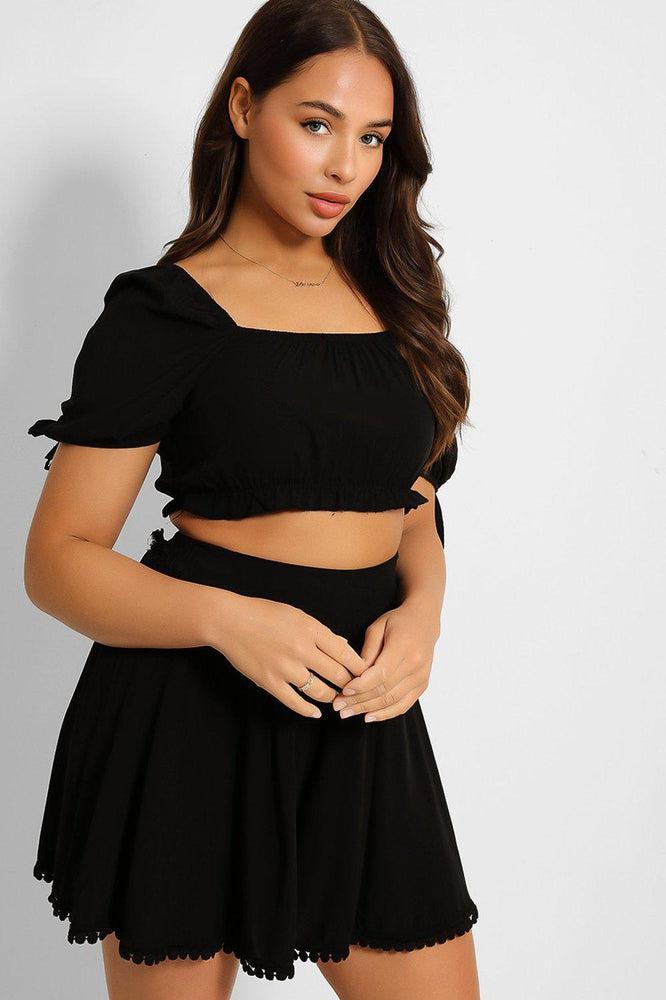 Puff Sleeve Crop Top Pleated Shorts Set