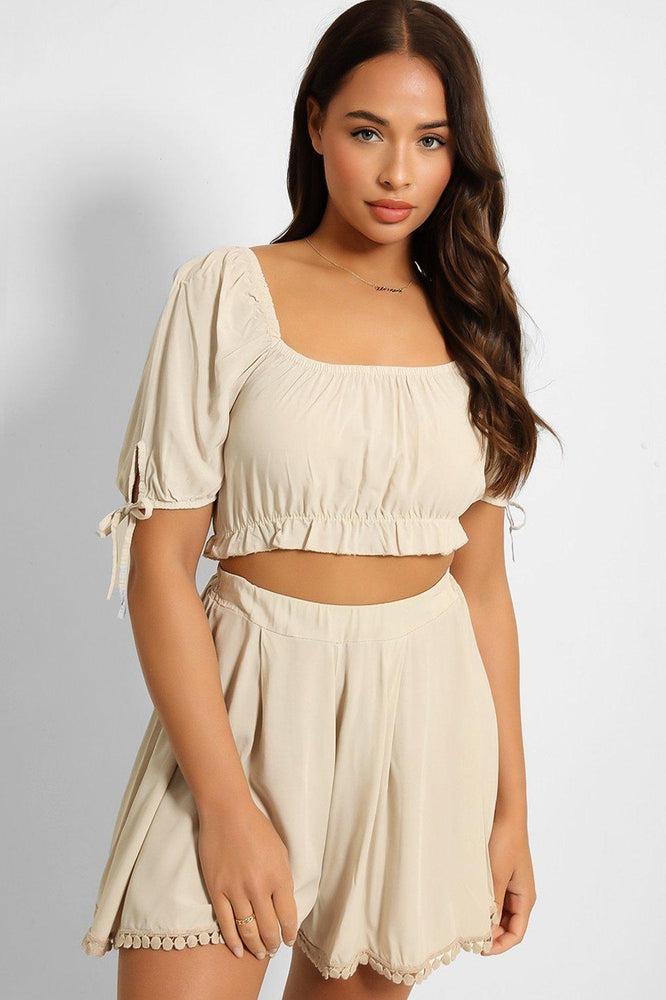 Puff Sleeve Crop Top Pleated Shorts Set