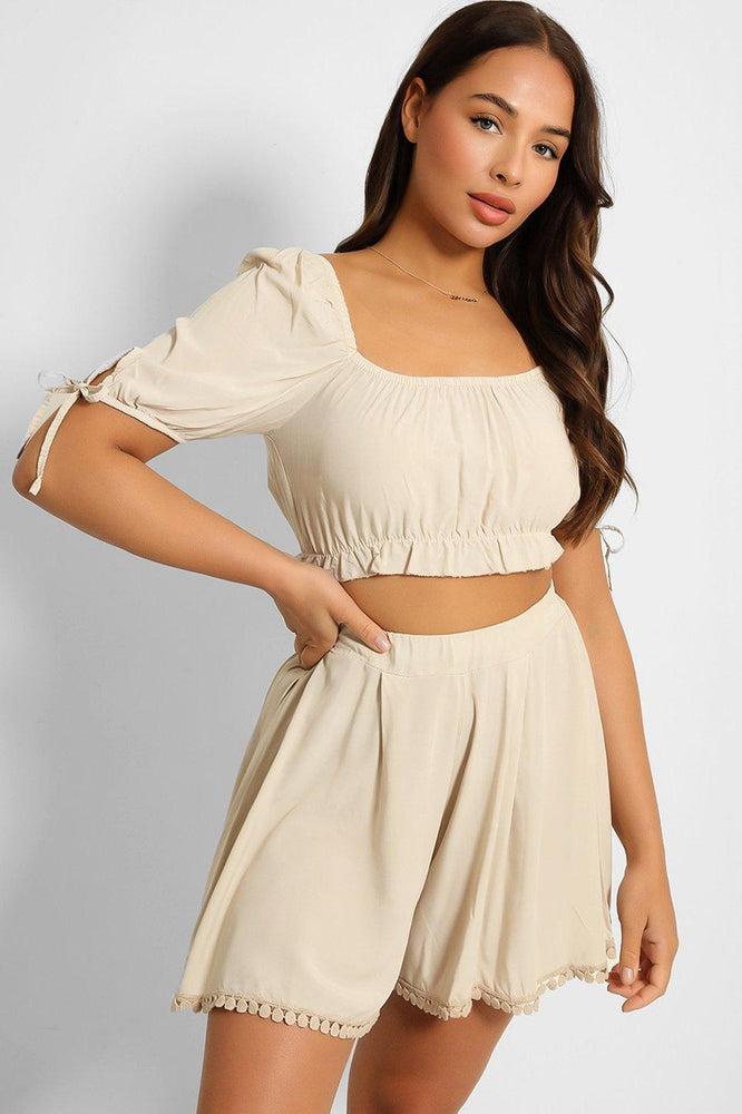 Puff Sleeve Crop Top Pleated Shorts Set