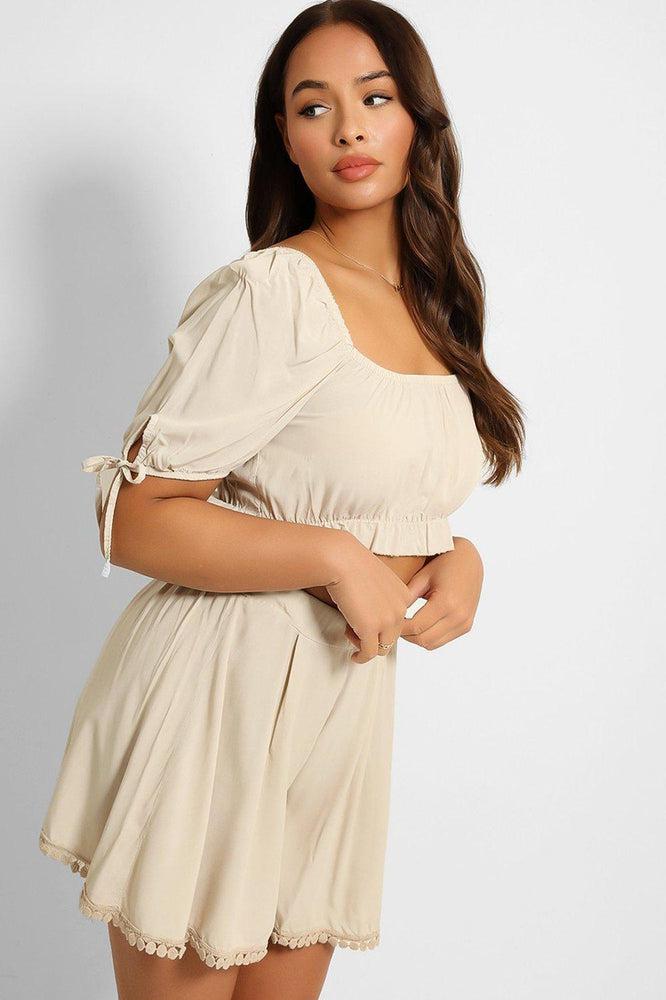 Puff Sleeve Crop Top Pleated Shorts Set