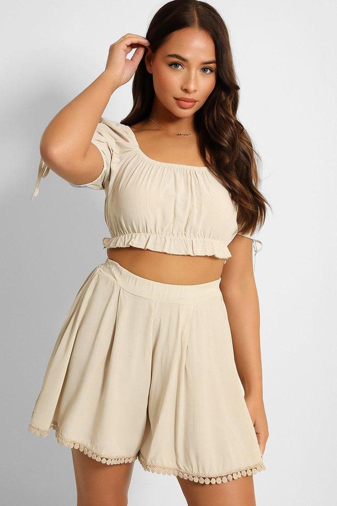 Puff Sleeve Crop Top Pleated Shorts Set