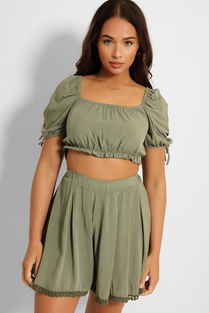 Puff Sleeve Crop Top Pleated Shorts Set