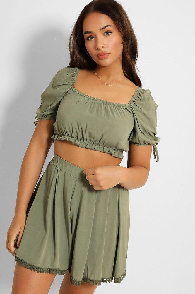 Puff Sleeve Crop Top Pleated Shorts Set