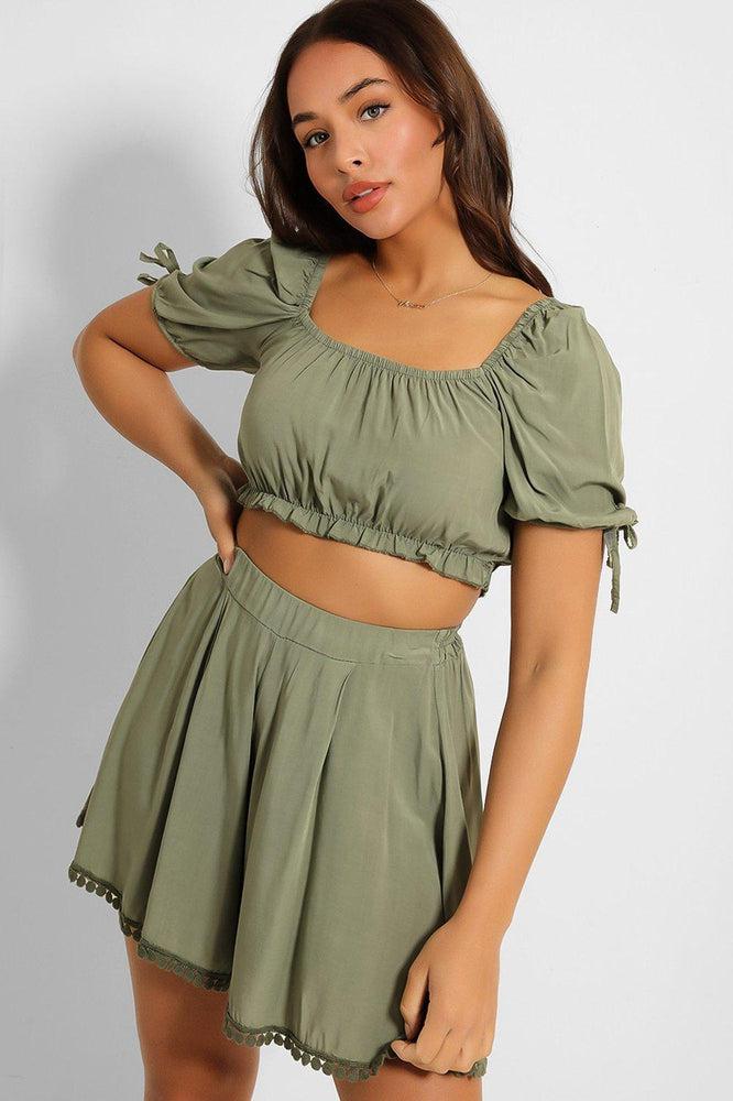 Puff Sleeve Crop Top Pleated Shorts Set