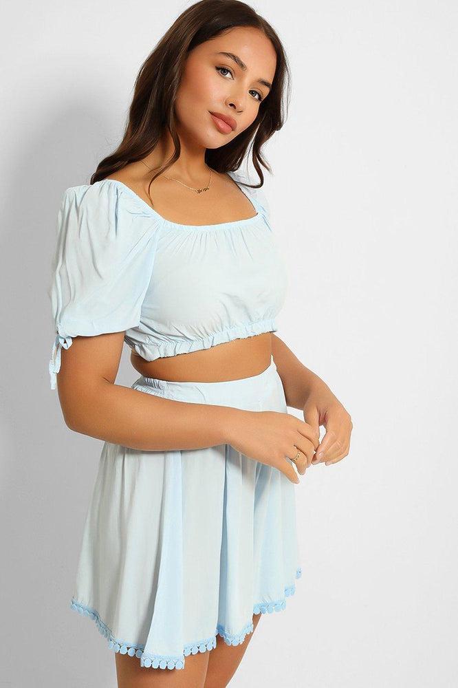 Puff Sleeve Crop Top Pleated Shorts Set