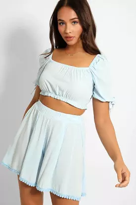 Puff Sleeve Crop Top Pleated Shorts Set